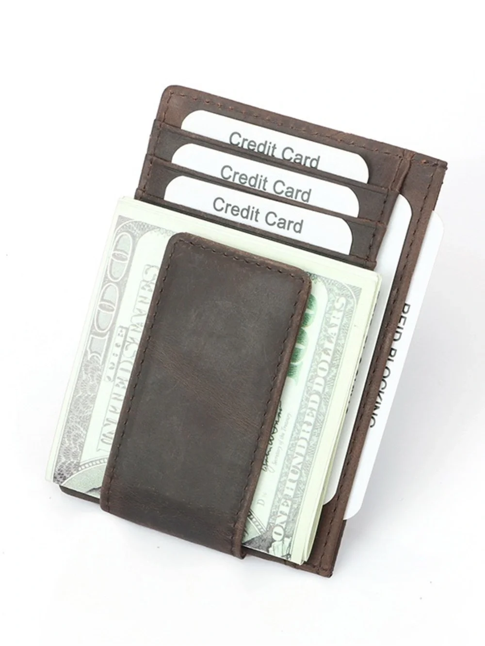 Slim Tan Leather Money Clip Card Holder with ID Window